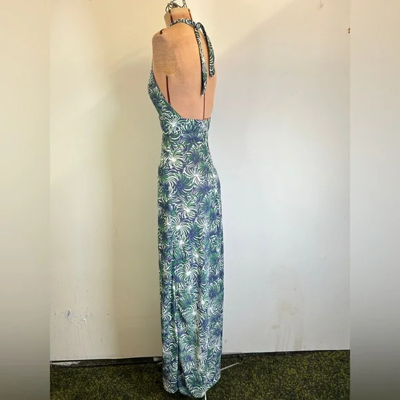 Vintage 1970s Halter Maxi Dress Blue Green White Size XS - Picture 7 of 12